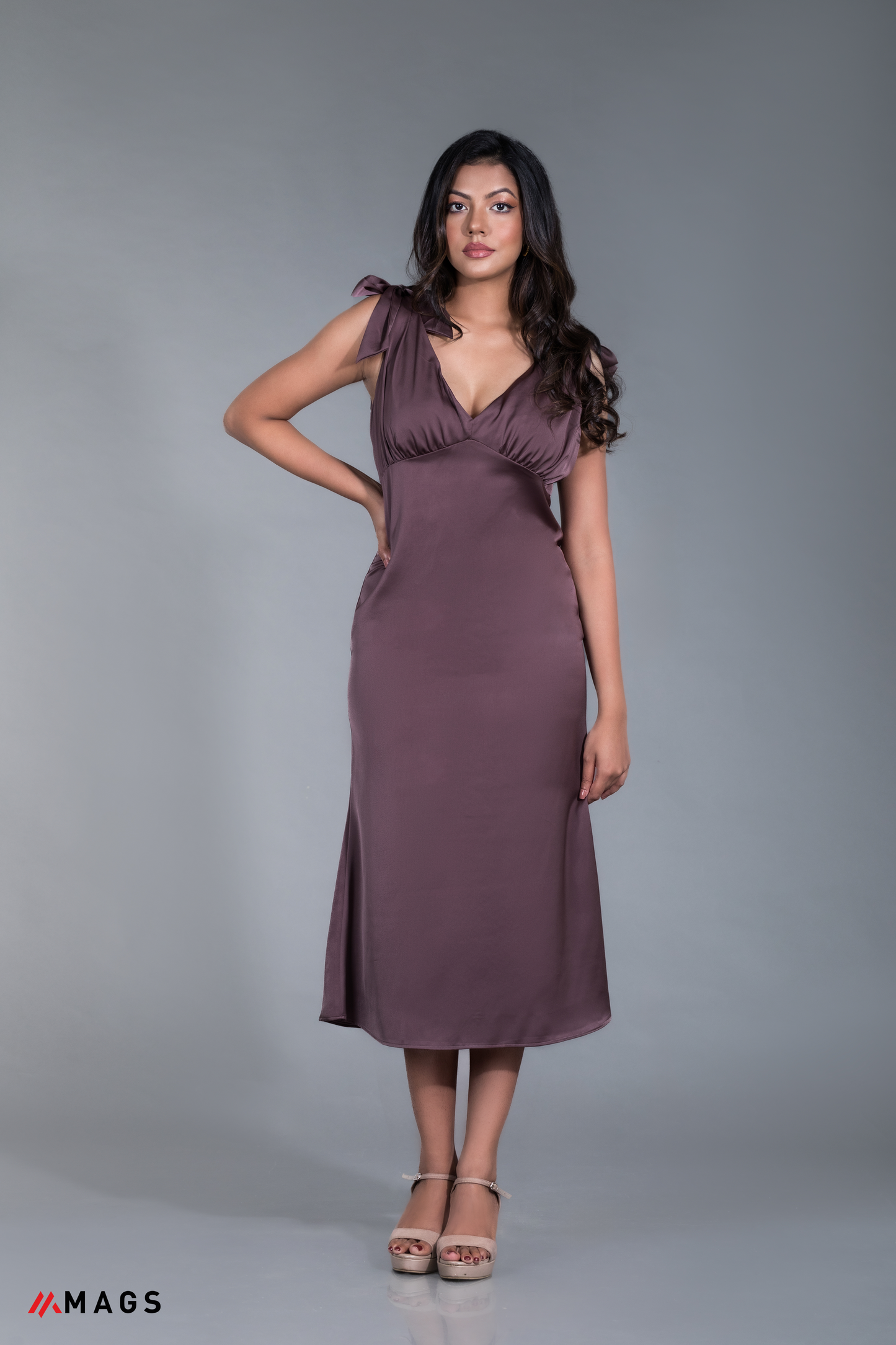 Satin Soiree Dress - Brown