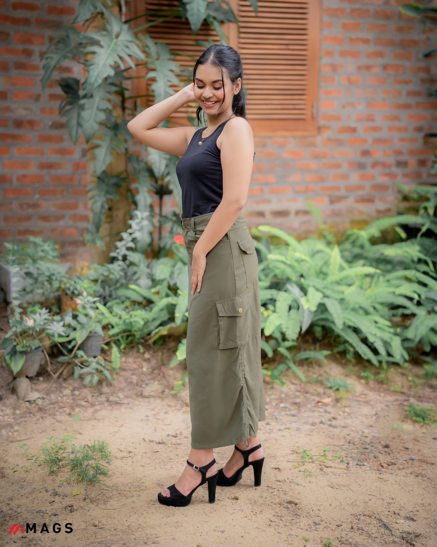 Drawstring Button Pocket Long Cargo Skirt