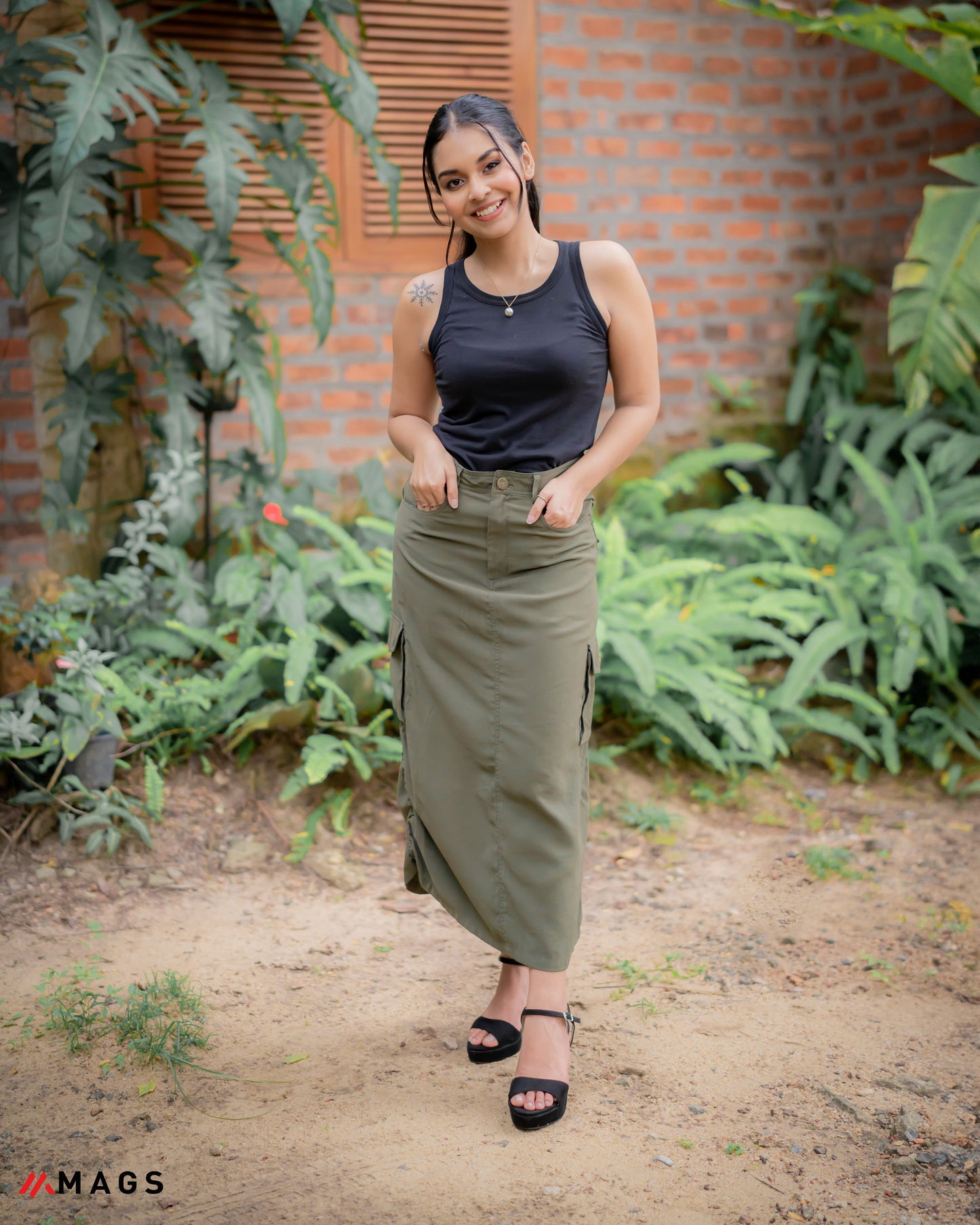 Drawstring Button Pocket Long Cargo Skirt
