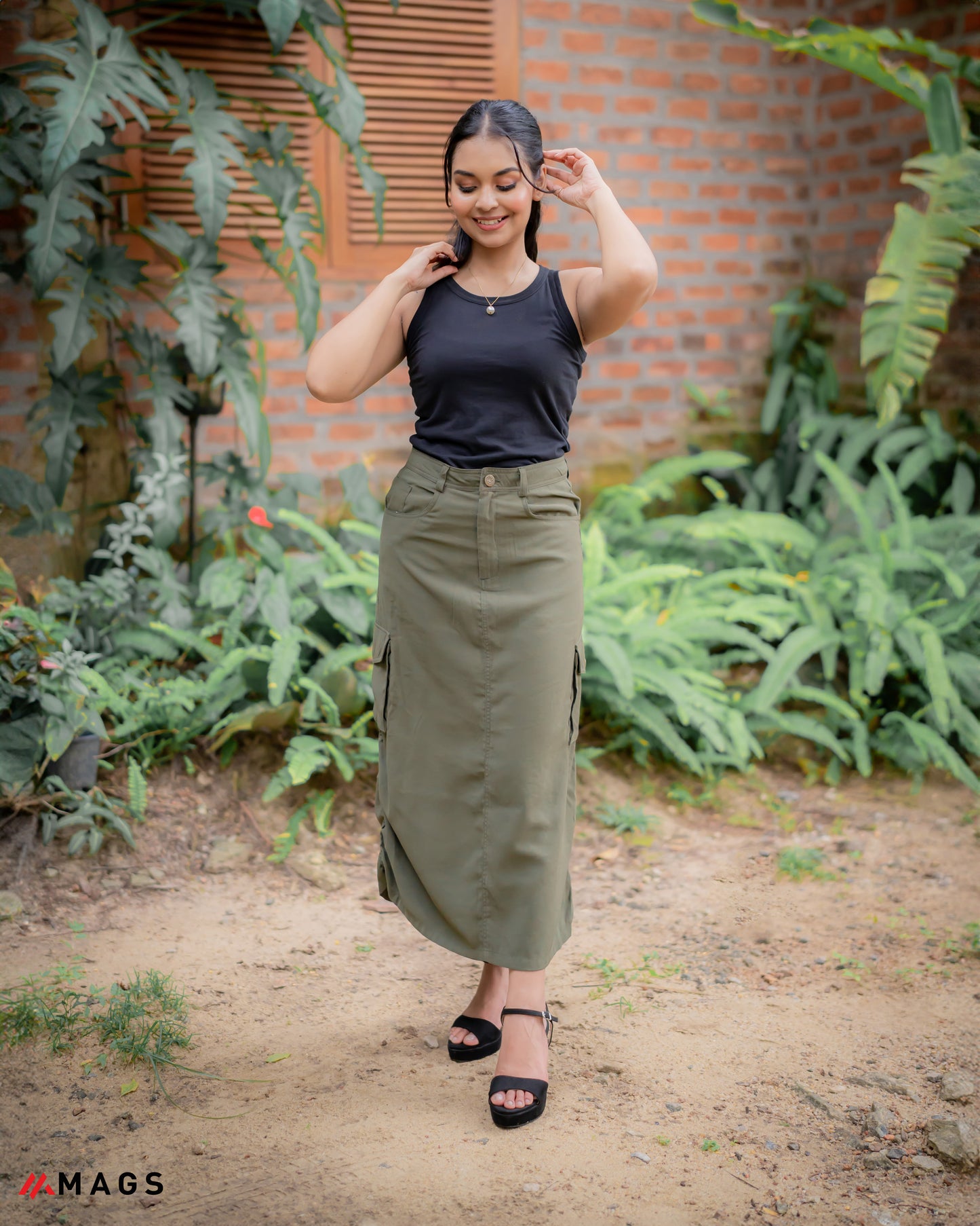 Drawstring Button Pocket Long Cargo Skirt