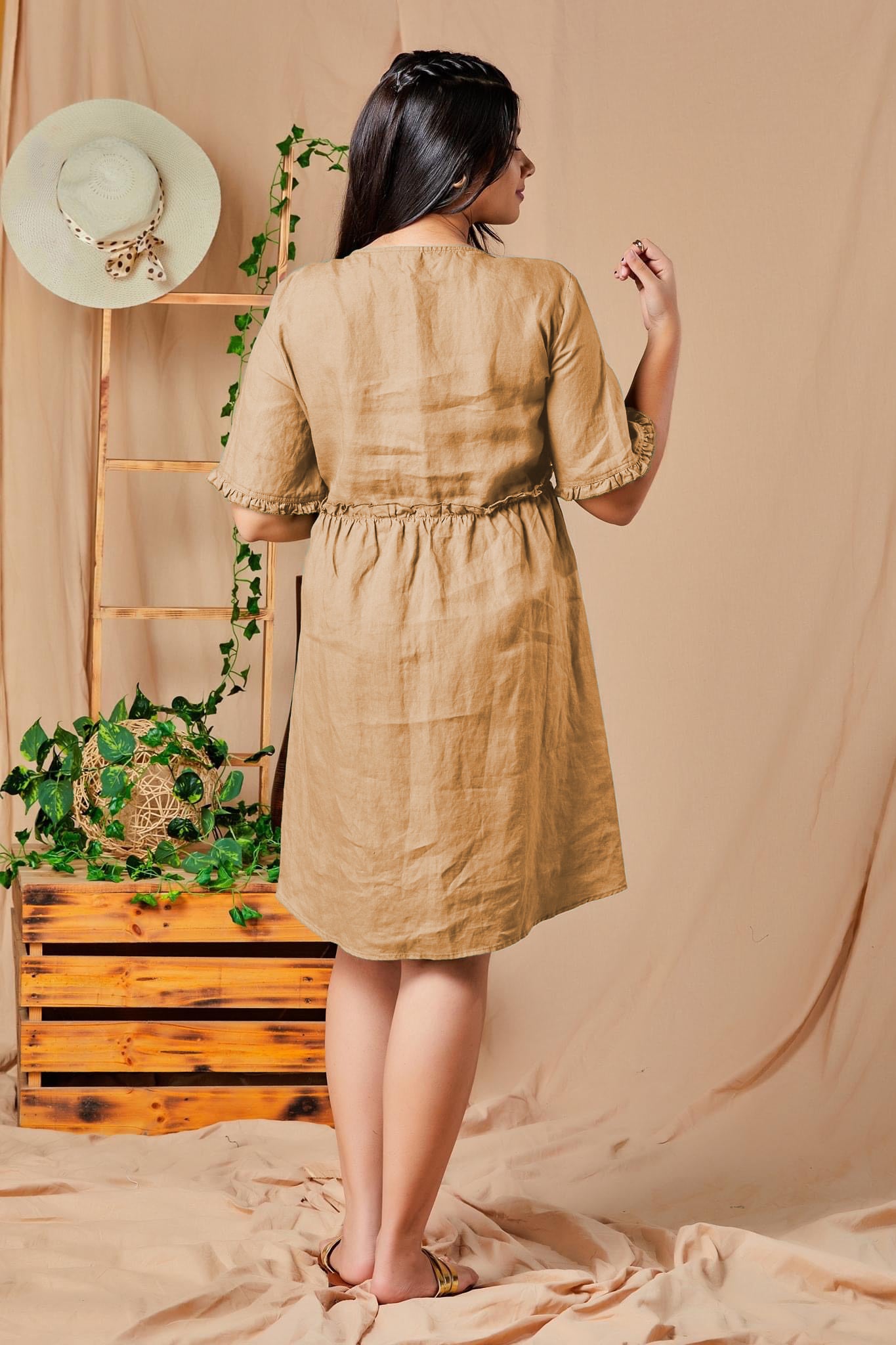 Short Sleeve Linen Dress - Brown