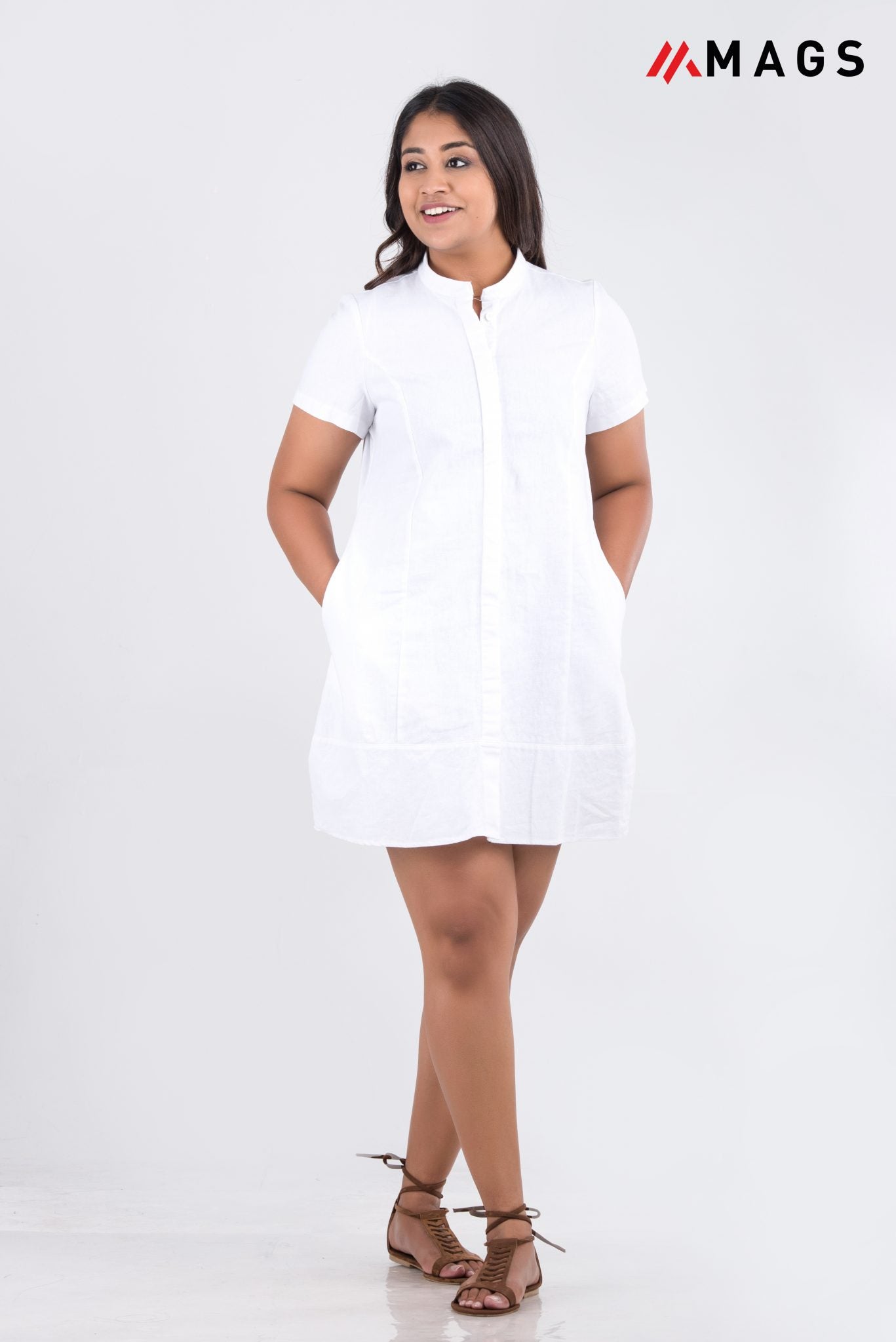 Linen Short Dress-White