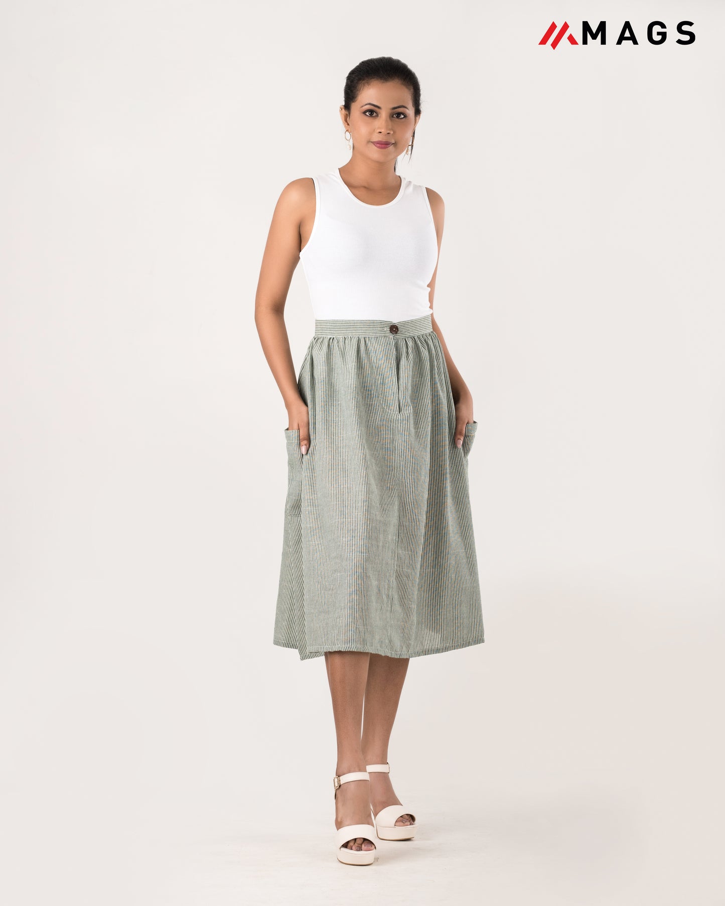 Pocket Detail Linen Skirt - Green
