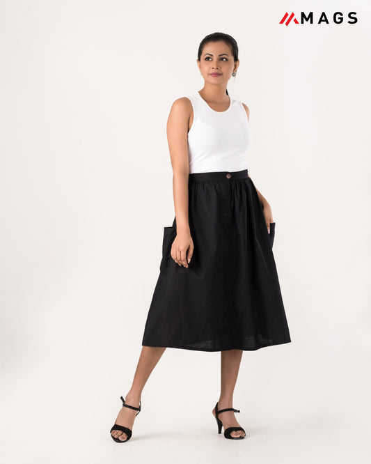 Pocket Detail Linen Skirt - Black
