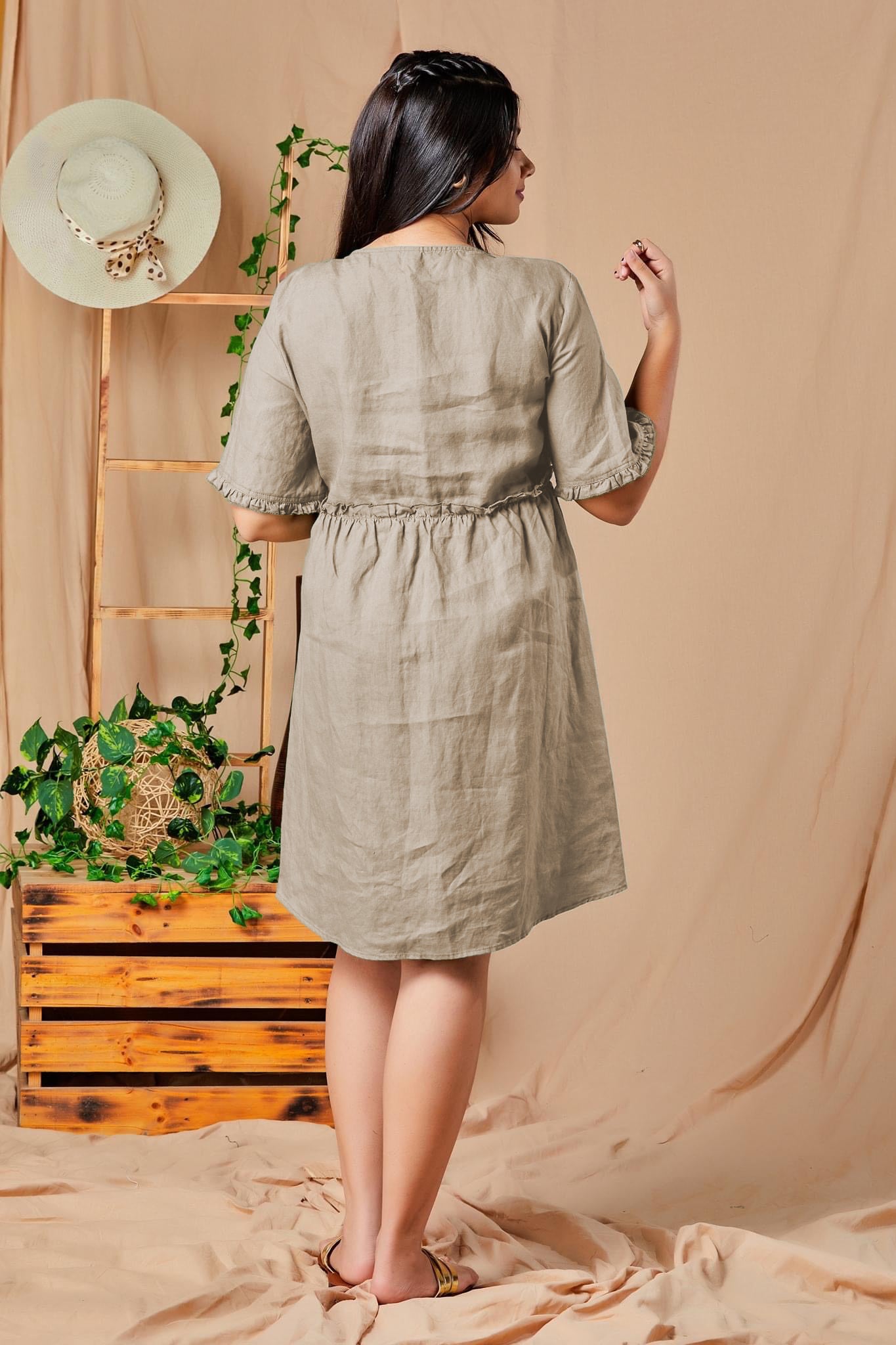 Short Sleeve Linen Dress - Cream