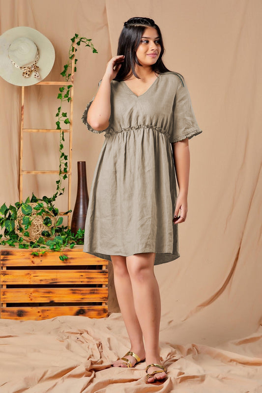 Short Sleeve Linen Dress - Cream