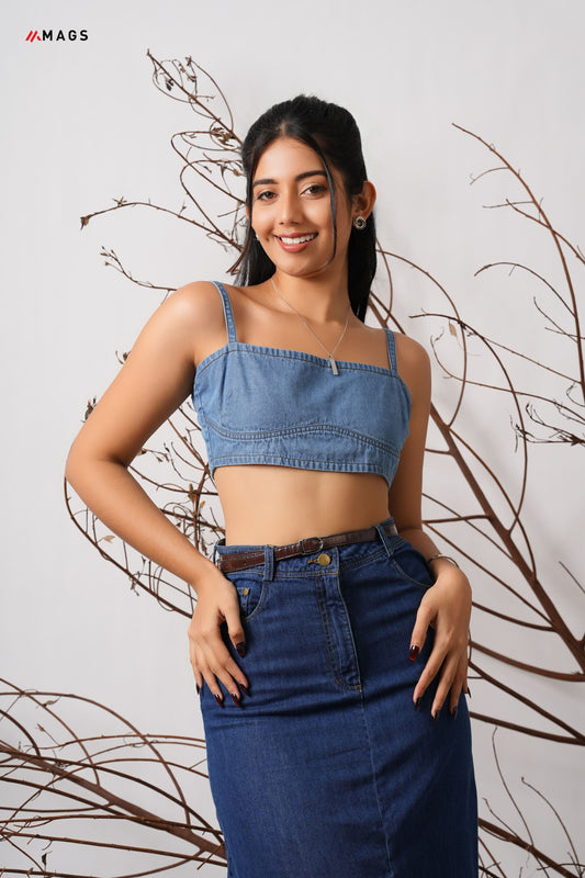 Bustier detail strappy denim crop top