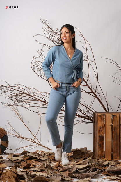 Overlap Detail Long Sleeve Denim Top