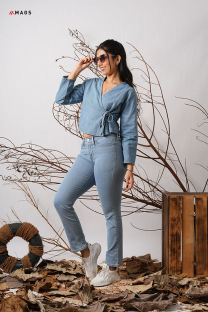 Overlap Detail Long Sleeve Denim Top