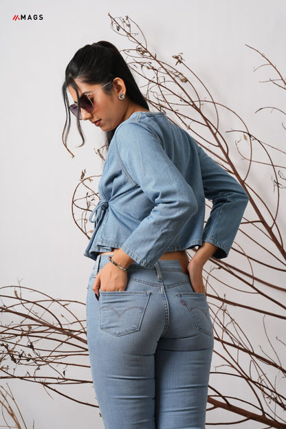 Overlap Detail Long Sleeve Denim Top