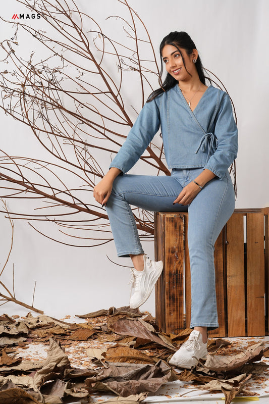 Overlap Detail Long Sleeve Denim Top