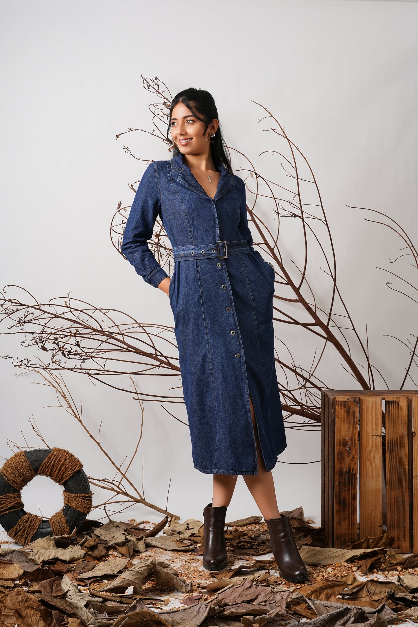 Long Sleeve Belted Denim Shirt Dress