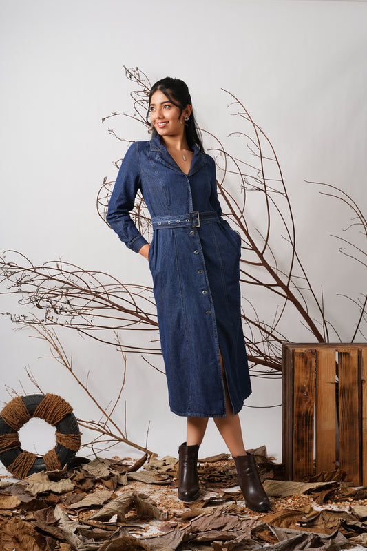 Long Sleeve Belted Denim Shirt Dress