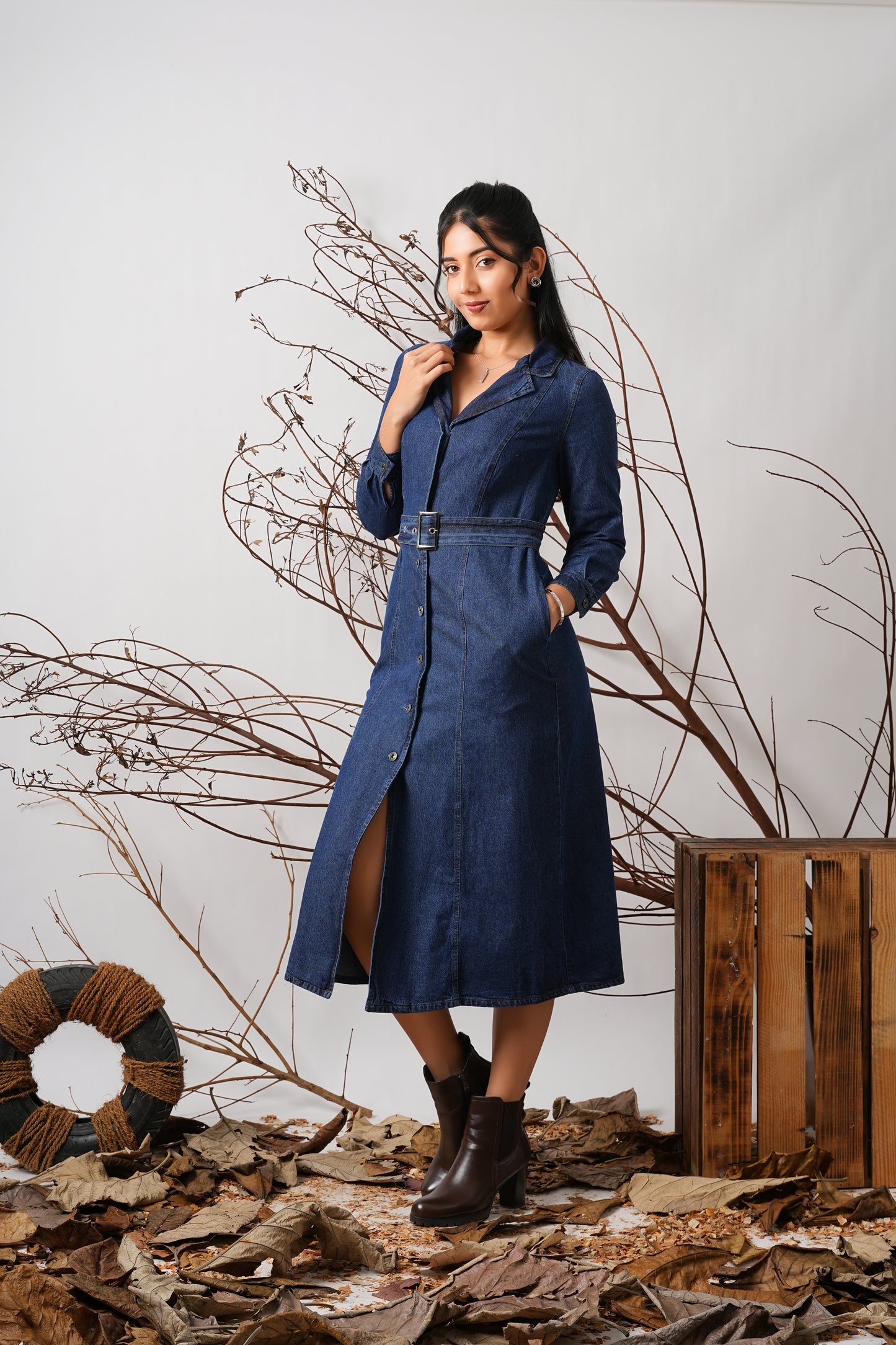 Long Sleeve Belted Denim Shirt Dress