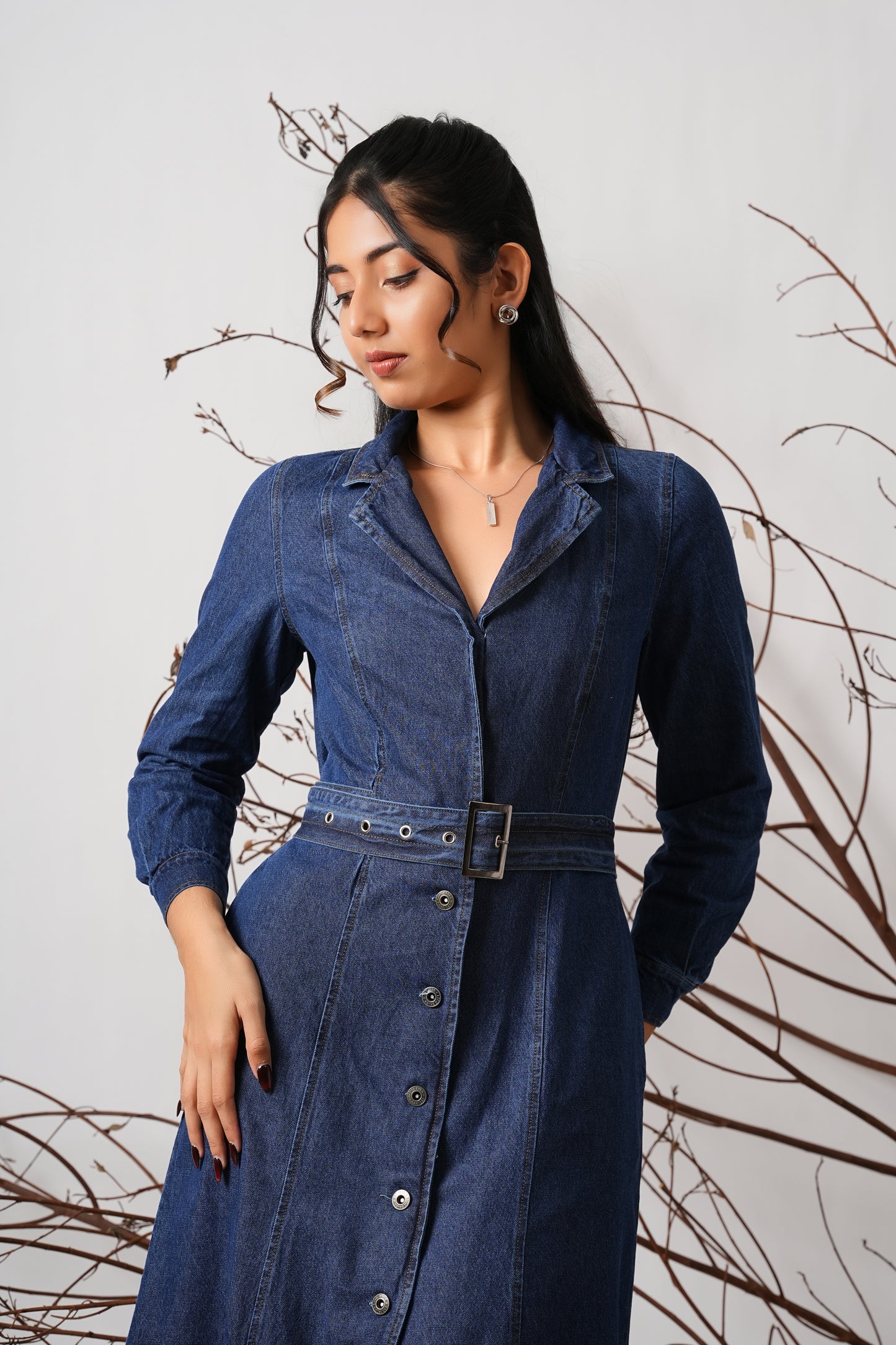 Long Sleeve Belted Denim Shirt Dress