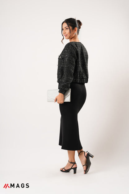 Sequin Embellished Button Front Jacket