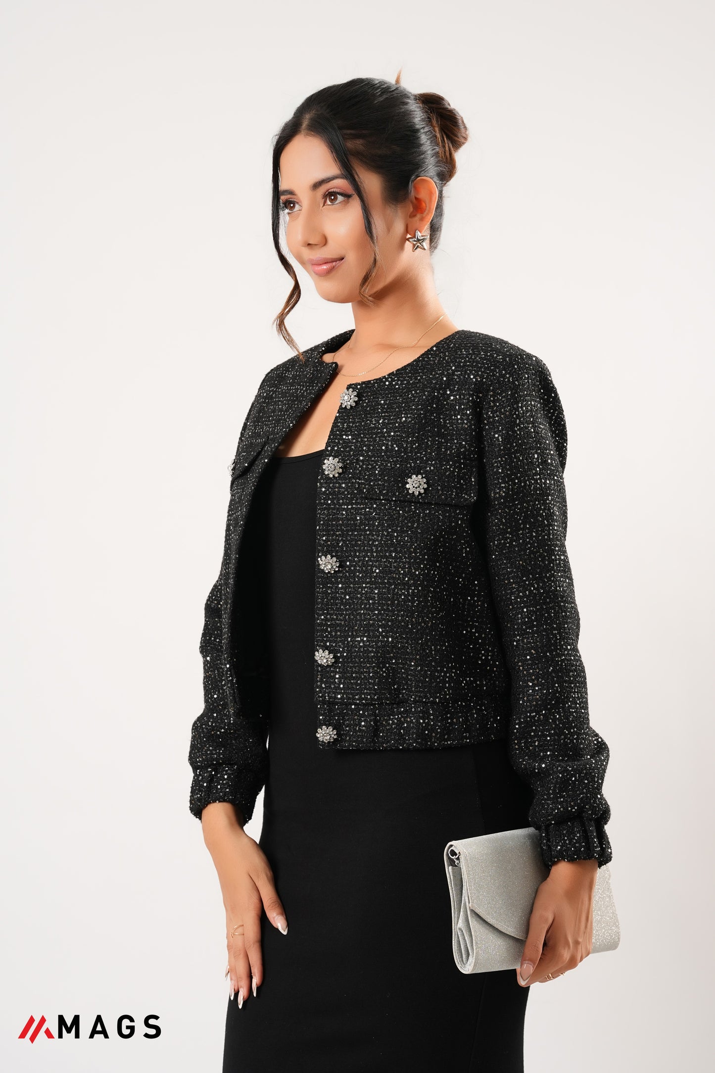 Sequin Embellished Button Front Jacket