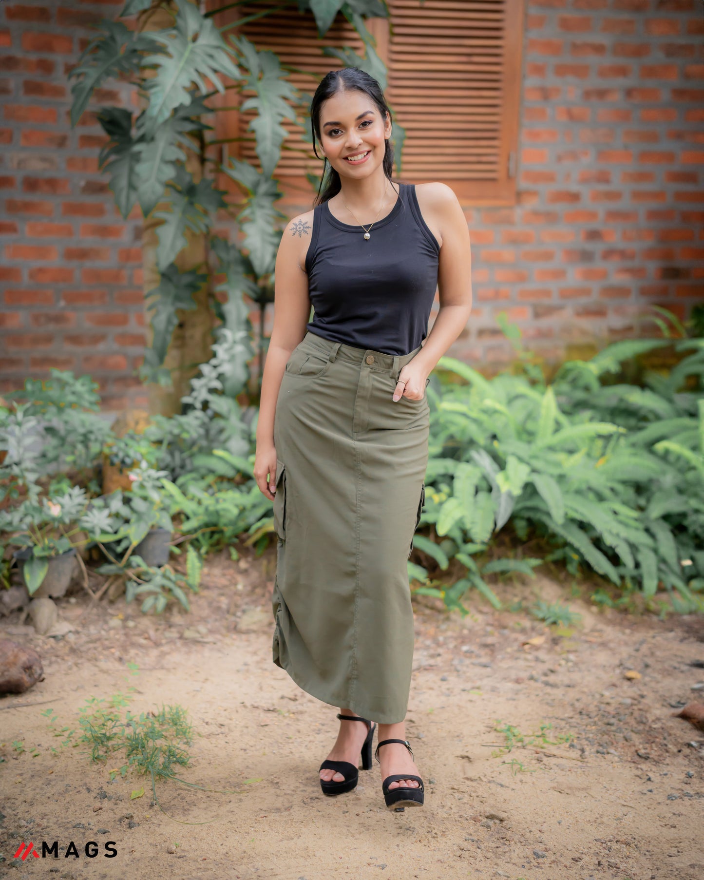 Drawstring Button Pocket  Long Cargo Skirt