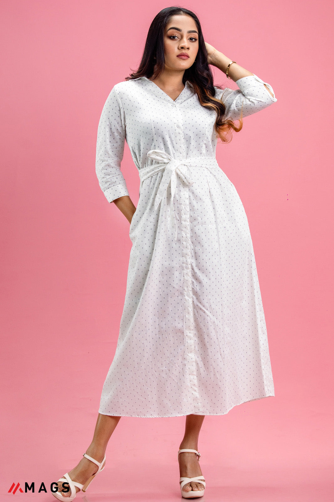 Notch Collar Long Sleeve Belted Dress