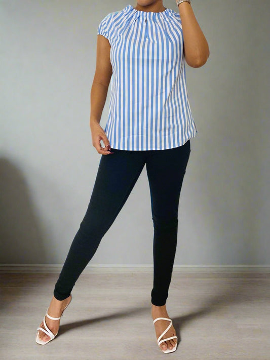 Sky Blue Gathered Neck Stripe Top