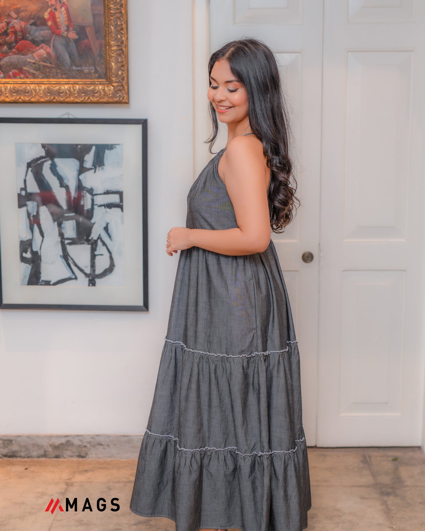 Charcoal Cascade Long Dress